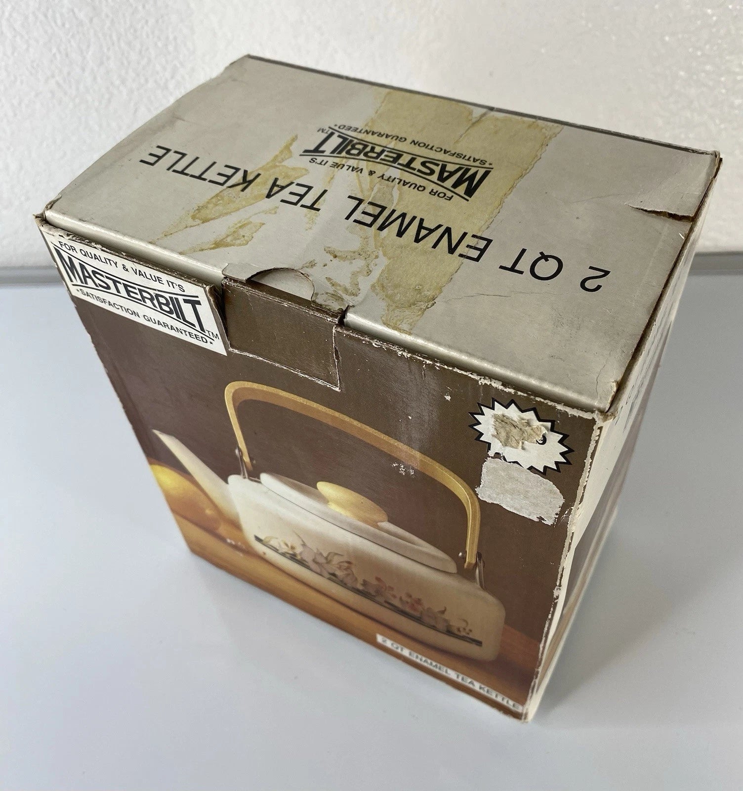 Vintage 2qt Enamel Tea Kettle With Flowers & Wood Handle New