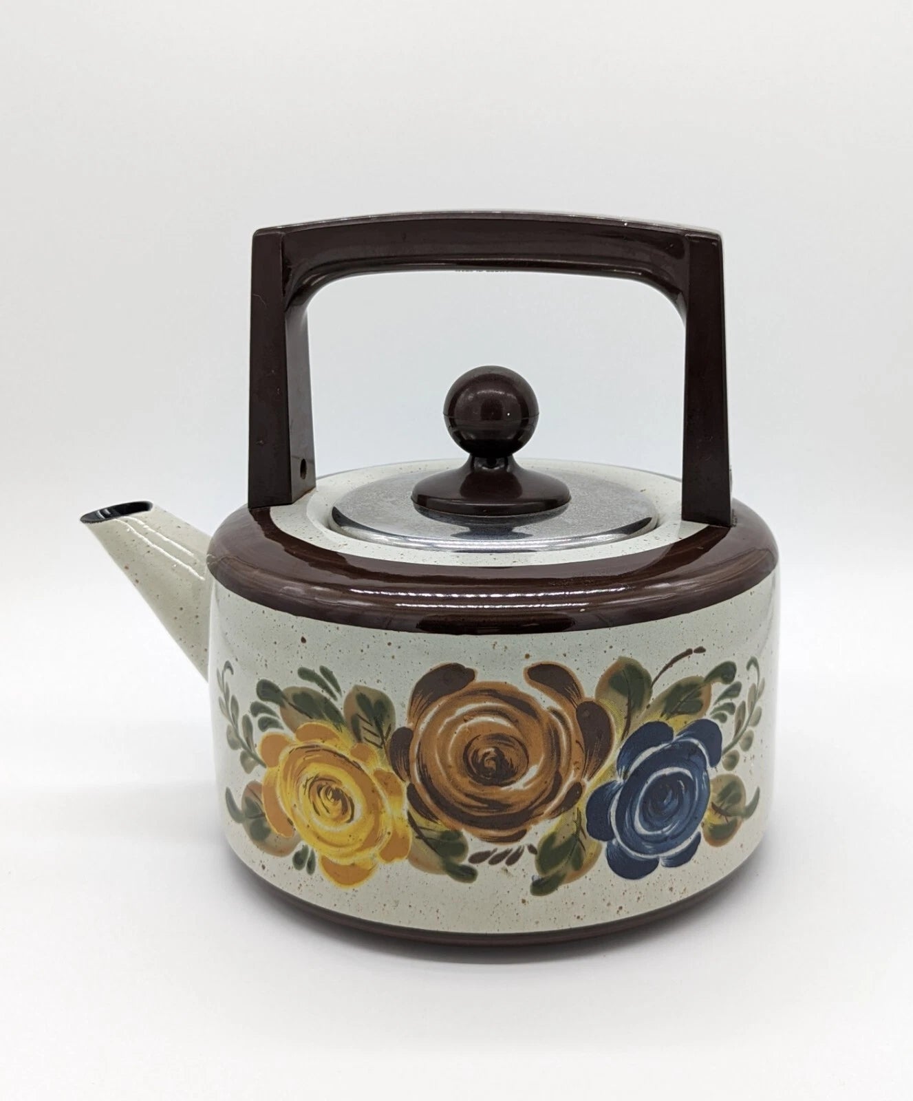 Vintage ASTA Hand Painted Flowers Enamel Kettle Teapot Flower Power Germany