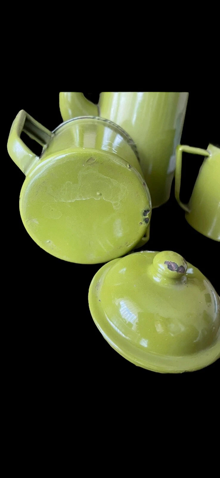 OTTO Japan Enamel Black Trim Tea Kettle Coffee Pot Green w/sugar & Creamer + Lid | eBay
