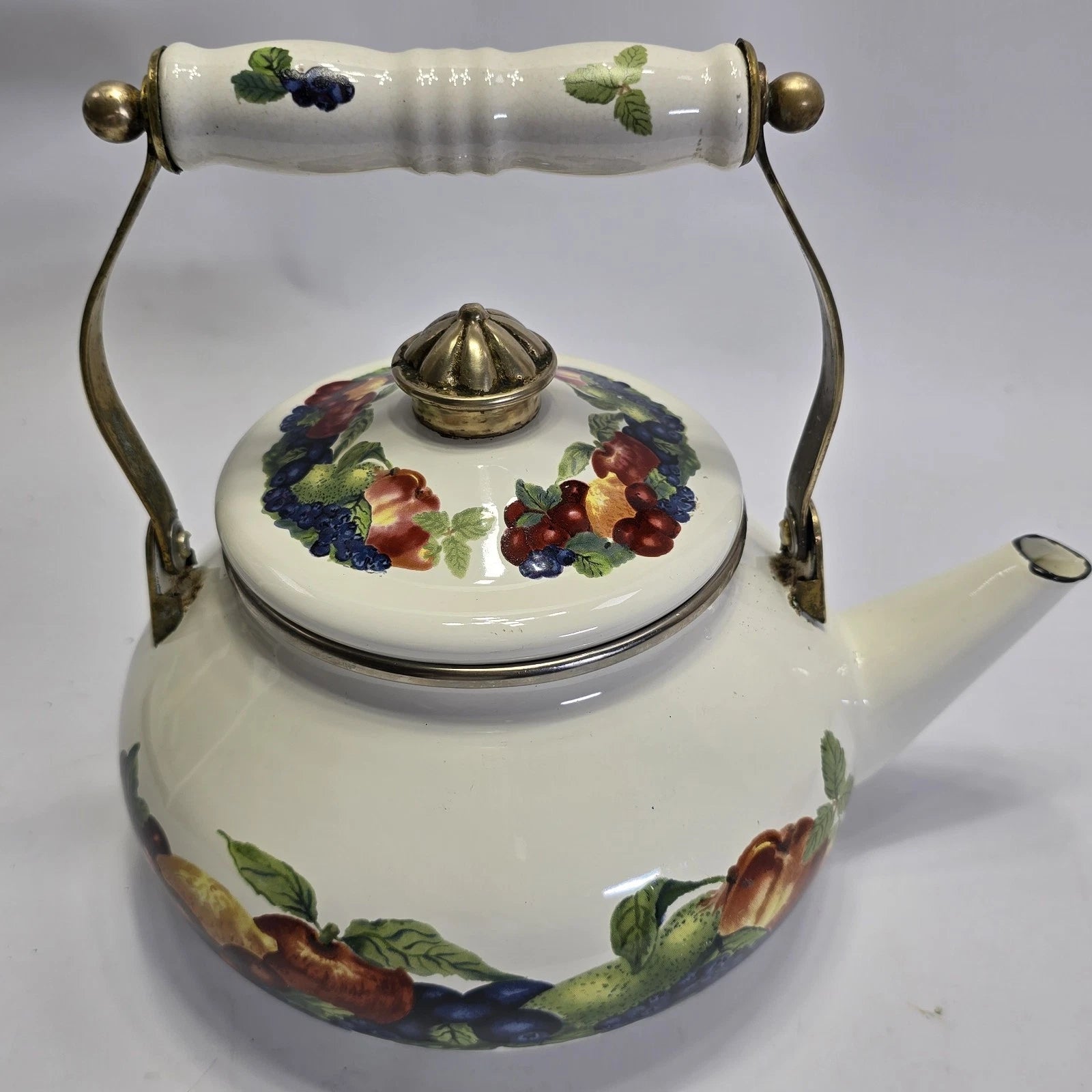 Vintage Enamel Teapot White with Fruit Design Brass Handle Farmhouse Kitchen.