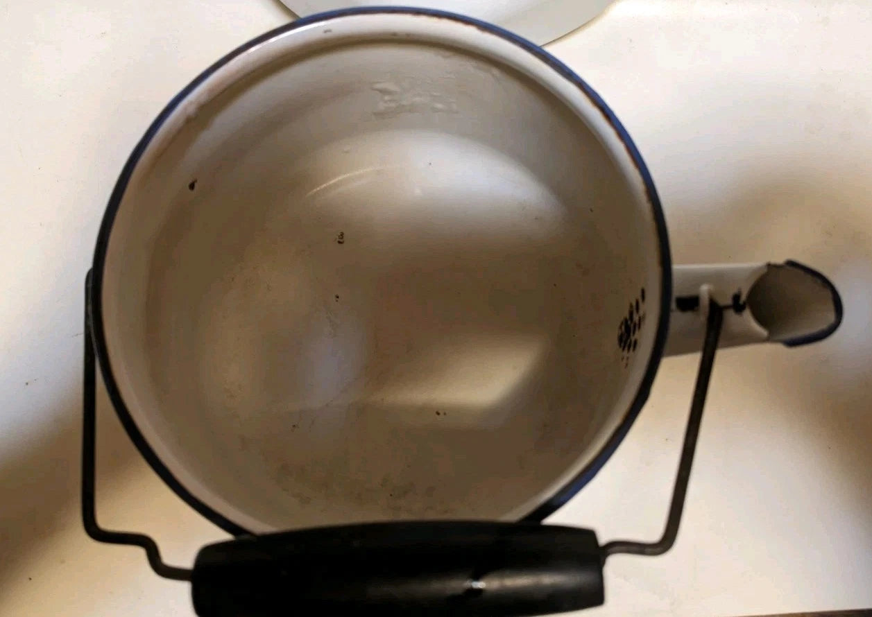 Vintage Blue Onion Danube Style Enamel Teapot Metal Bail Wood Handle 4.5"×8"