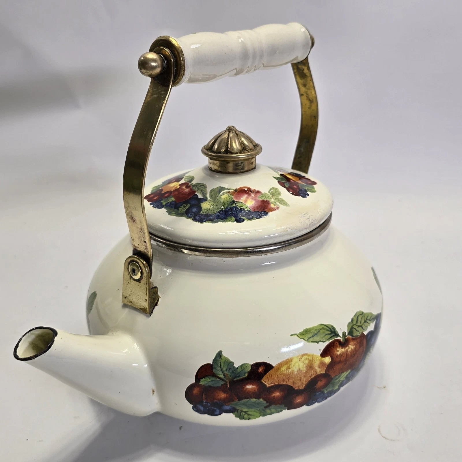 Vintage Enamel Teapot White with Fruit Design Brass Handle Farmhouse Kitchen.