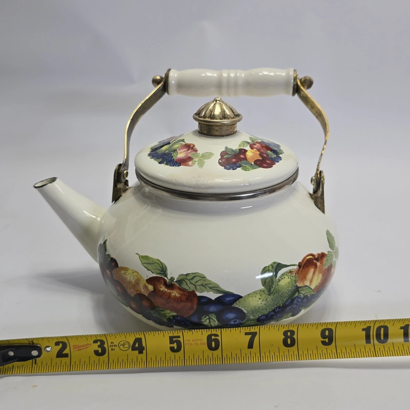 Vintage Enamel Teapot White with Fruit Design Brass Handle Farmhouse Kitchen.