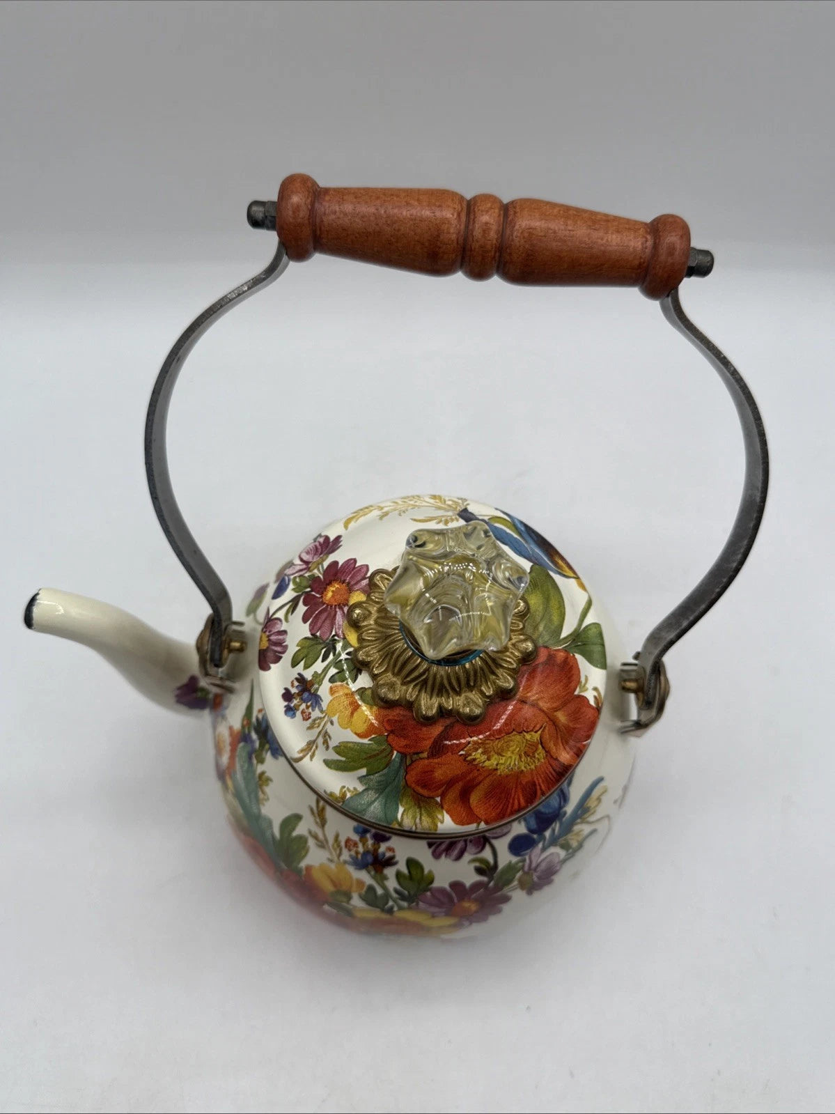 Mackenzie Childs Enamel White Flower Market 2 Quart Tea Pot / Kettle