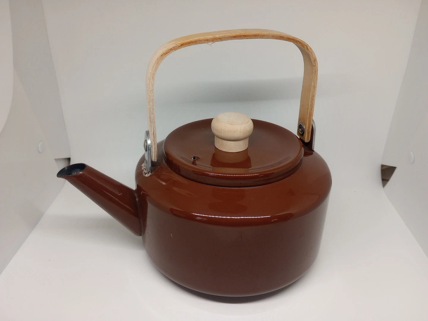 Vintage Brown Tea Pot Kettle Enamel Ware Metal Wood Handle