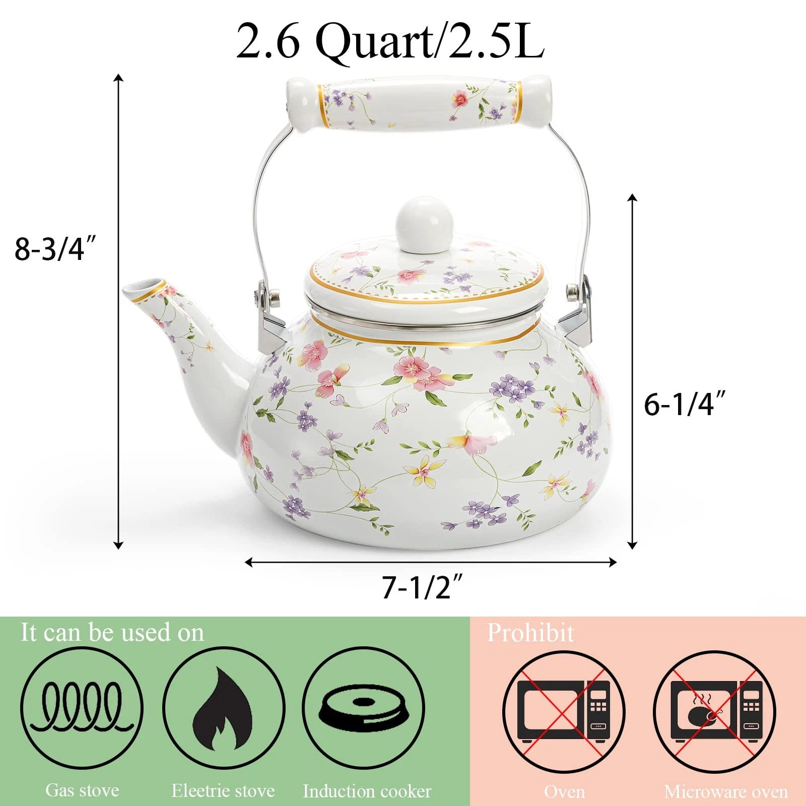 Vintage Enamel Tea Kettle, 2.6 Quart Floral Enamel Water Kettle Teapot with P...