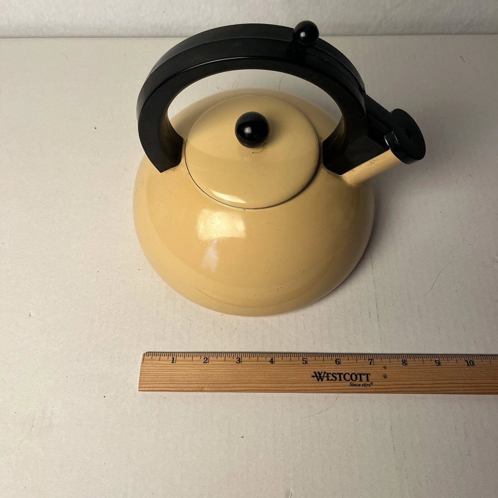 Vintage Cream Yellow Enamel Whistling Teapot Tea Kettle MCM Black Handle | eBay