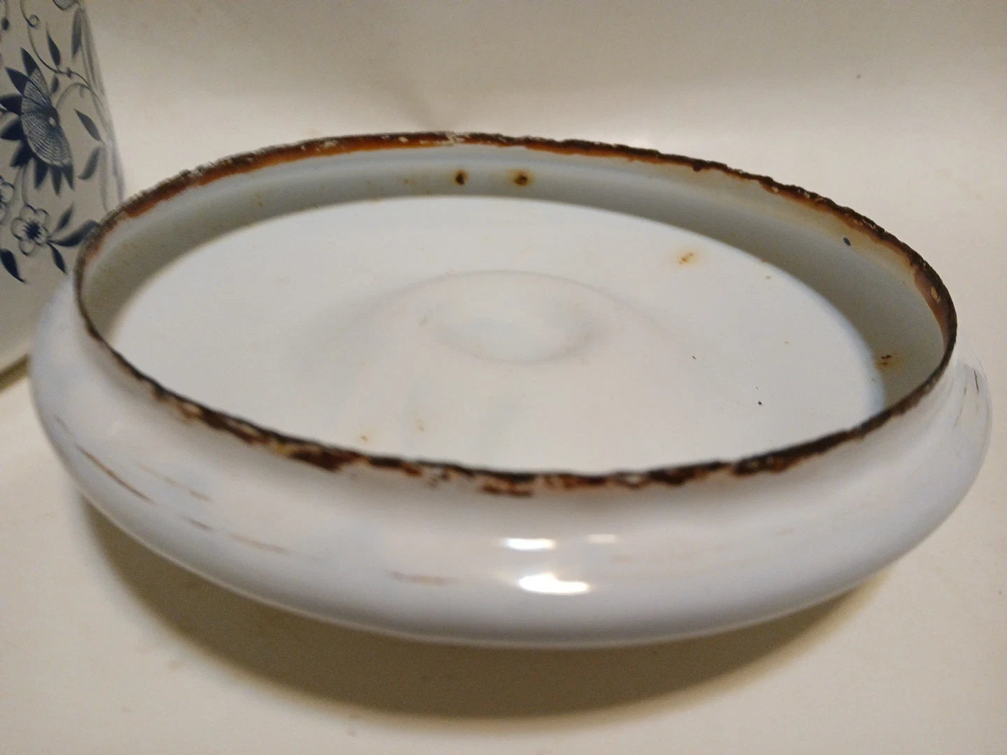 Vintage Blue Onion Danube Style Enamel Teapot Metal Bail Wood Handle 4.5"×8"