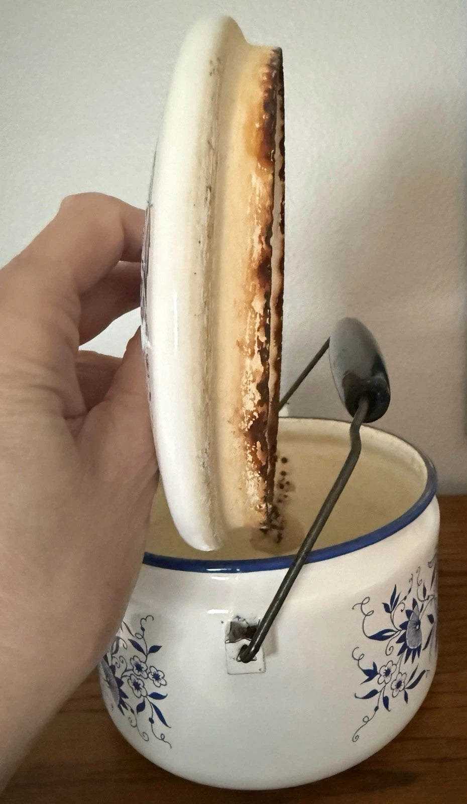 Vintage Blue Onion Danube Style Enamelware Teapot Metal Bail Wood Handle | eBay