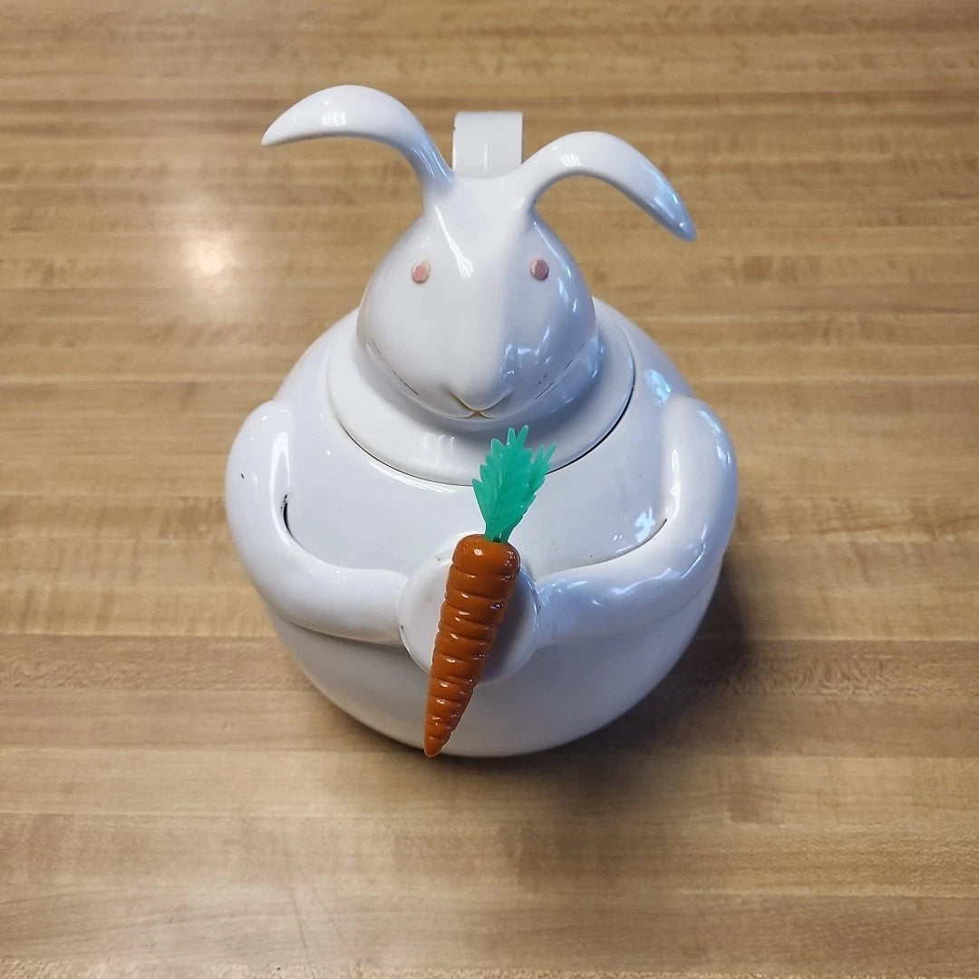 Vintage Copco Enamel Teapot Figural Mr Rabbit Bunny Carrot Whistling Tea Kettle