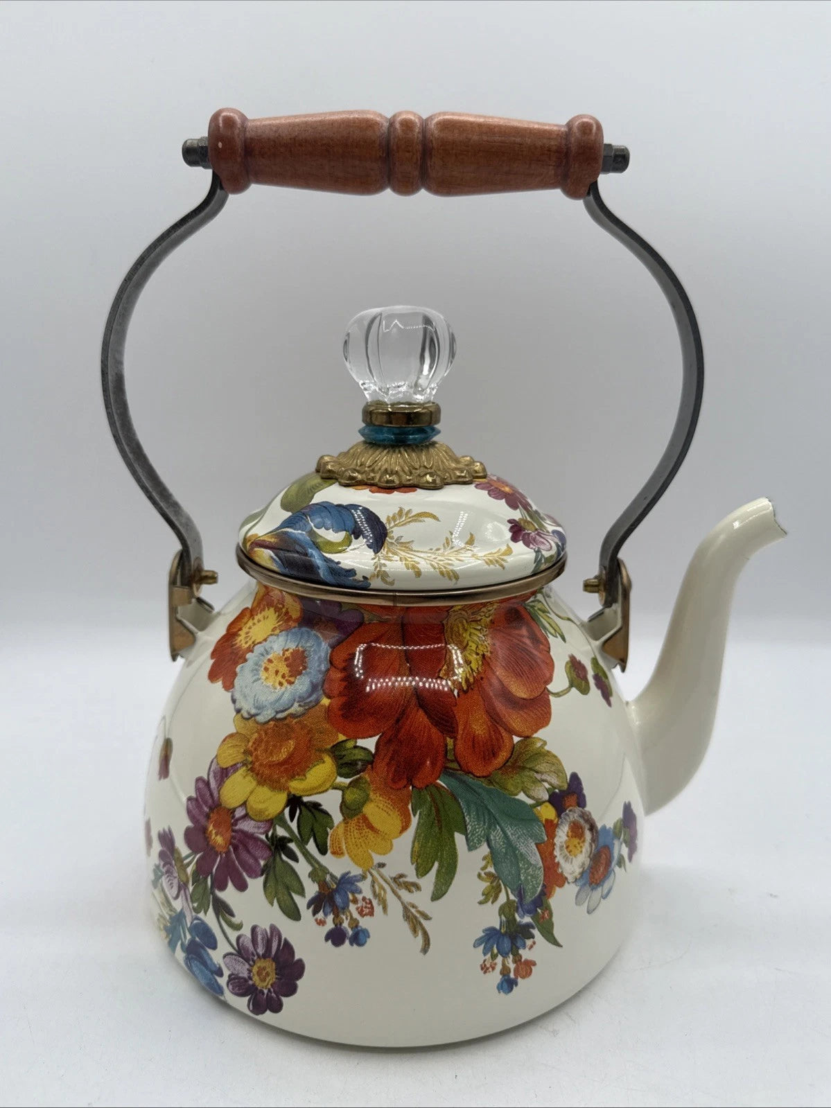 Mackenzie Childs Enamel White Flower Market 2 Quart Tea Pot / Kettle