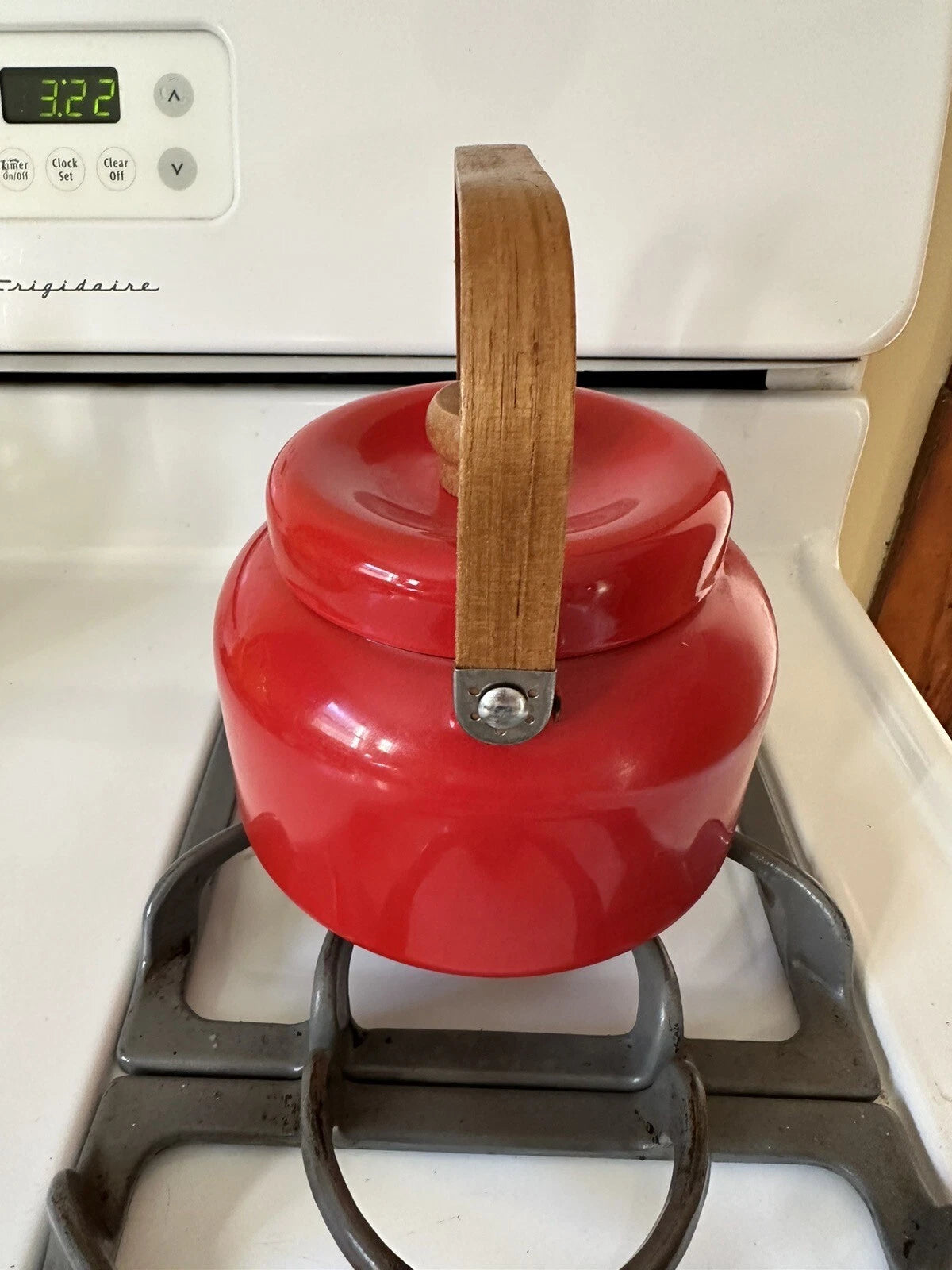 Teak Red Enamel Tea Kettle Tea Pot Copco Style Vintage Mid Century Modern