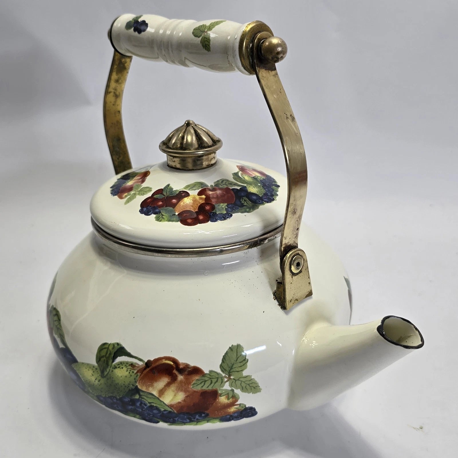 Vintage Enamel Teapot White with Fruit Design Brass Handle Farmhouse Kitchen.