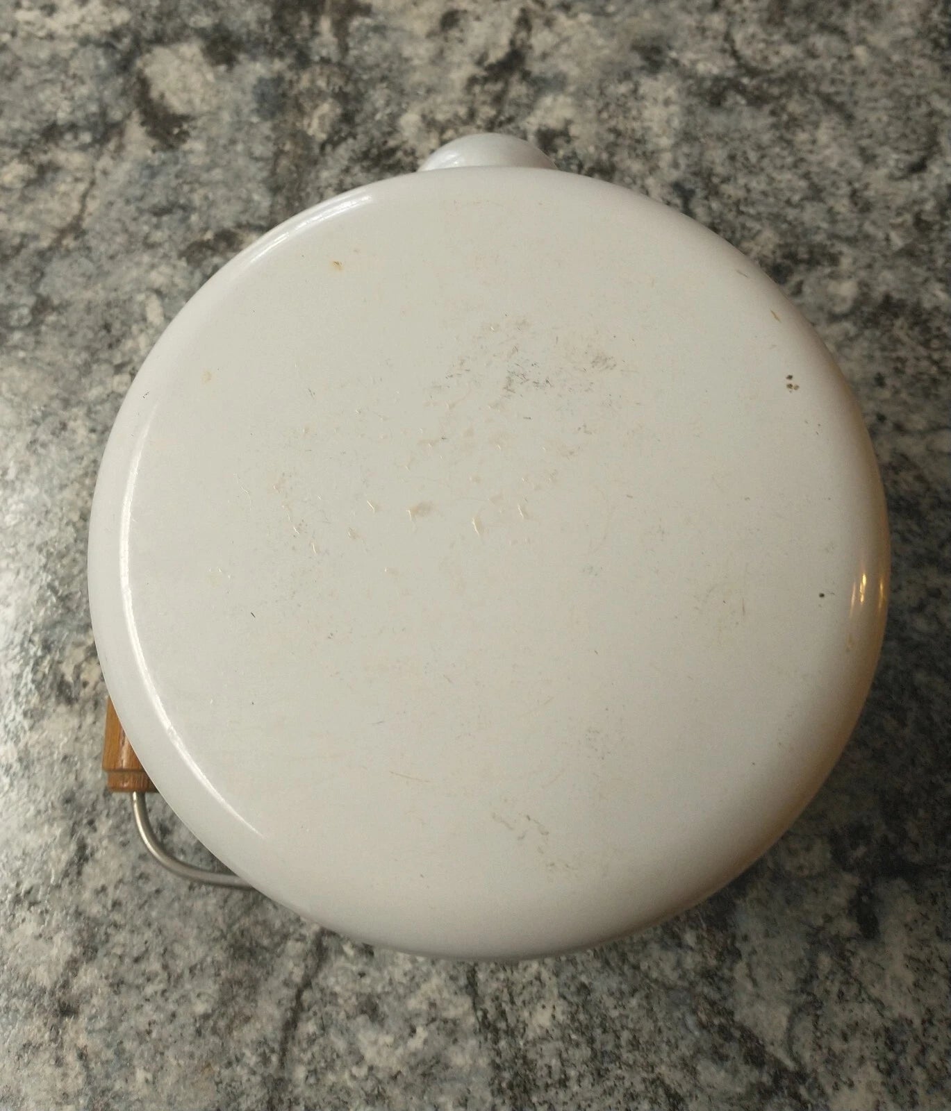 Vintage Enamel Fruit Detail Tea Pot With Wood Handle.