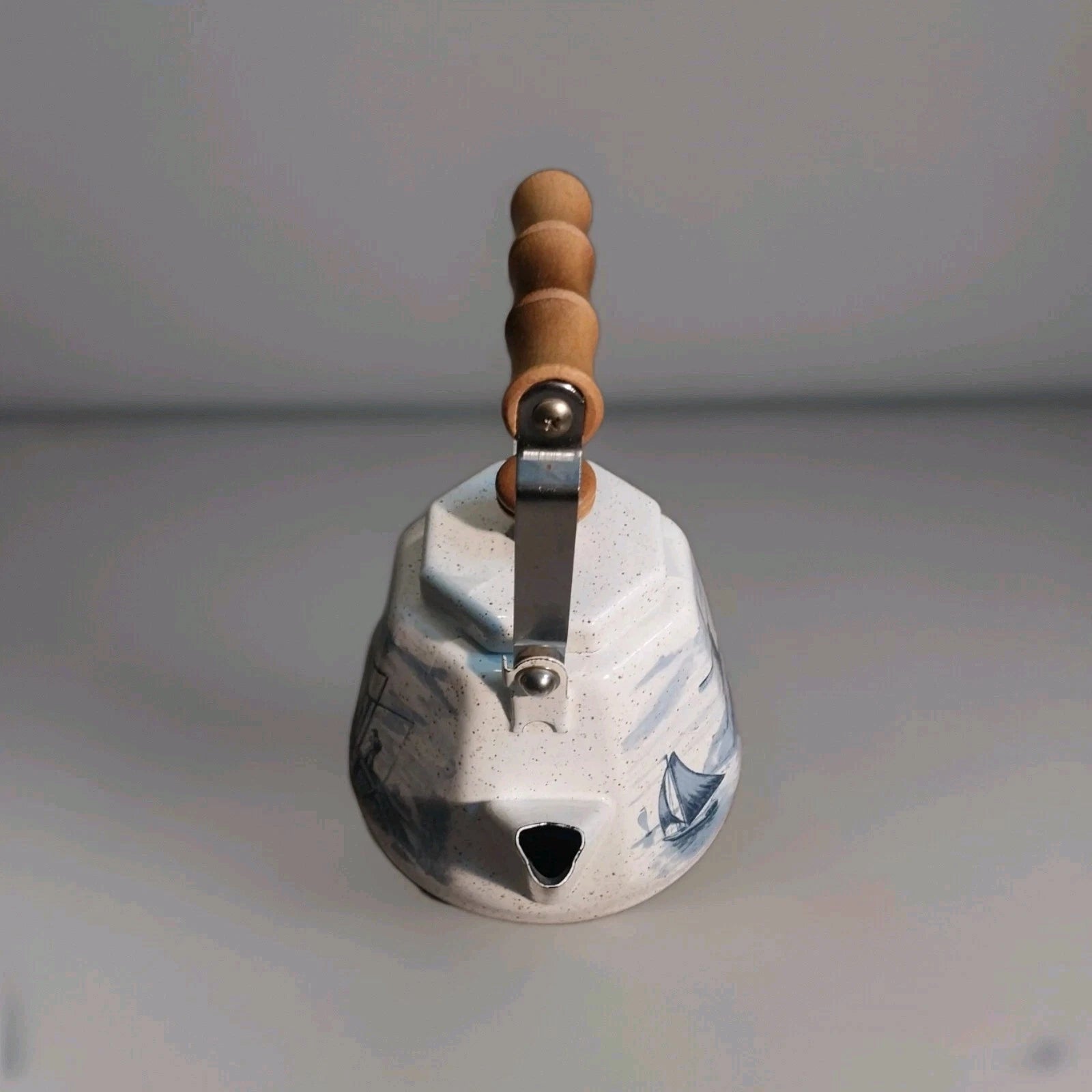 Vintage Enamel Teapot, Blue White Coastal Chinoiserie, Delft Style Wooden Handle