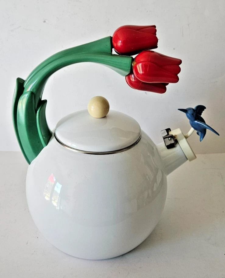Vintage Ancona Enamel Whistling Tea Pot Kettle Blue Hummingbird Red Tulips LOOK | eBay