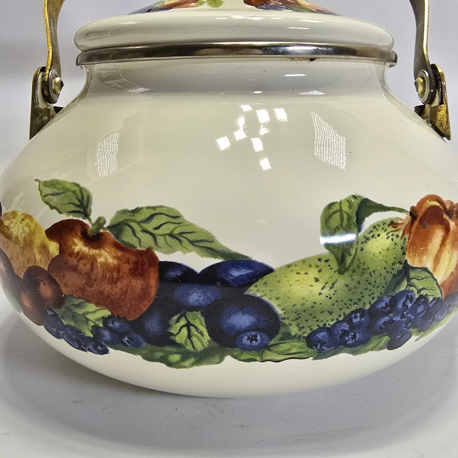 Vintage Enamel Teapot White with Fruit Design Brass Handle Farmhouse Kitchen.