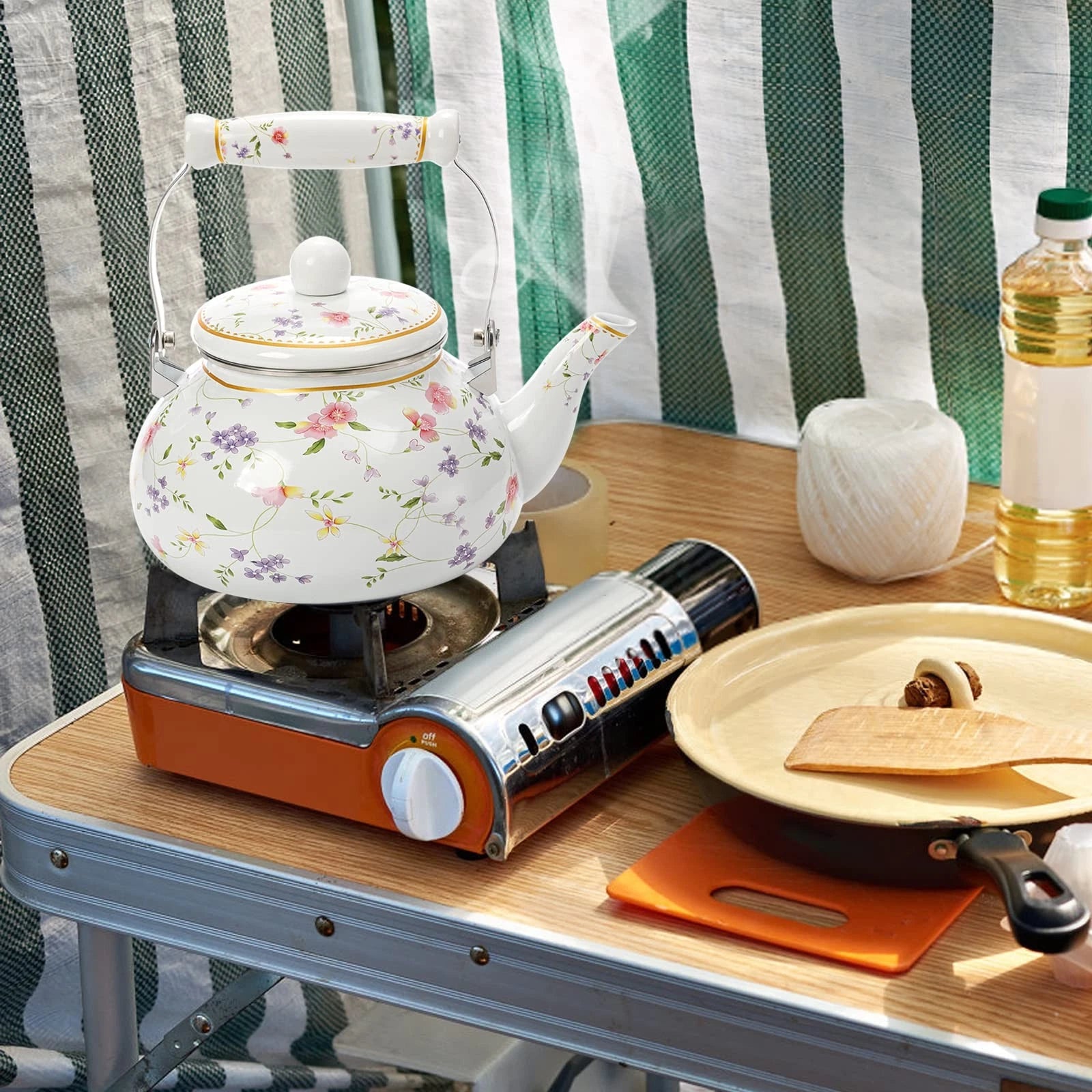 Vintage Enamel Tea Kettle, 2.6 Quart Floral Enamel Water Kettle Teapot with P...