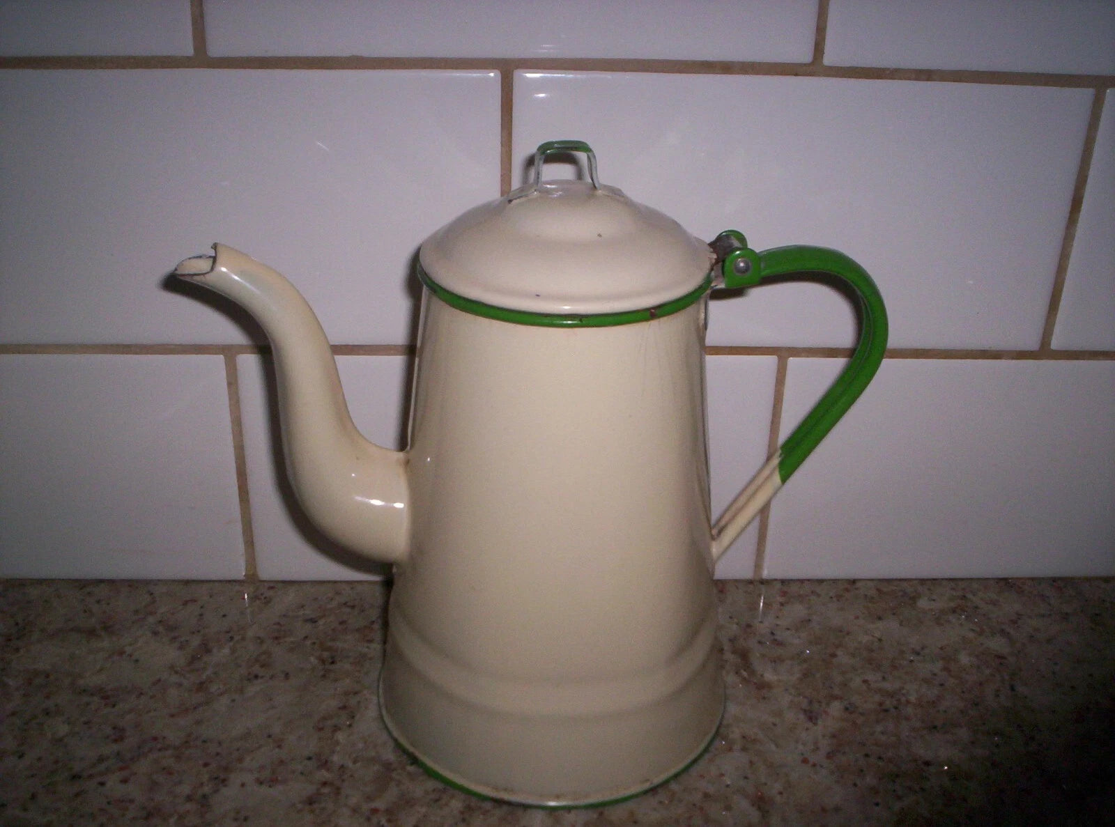 Vintage Enamelware Coffee pot/Teapot Cream/Green 9''