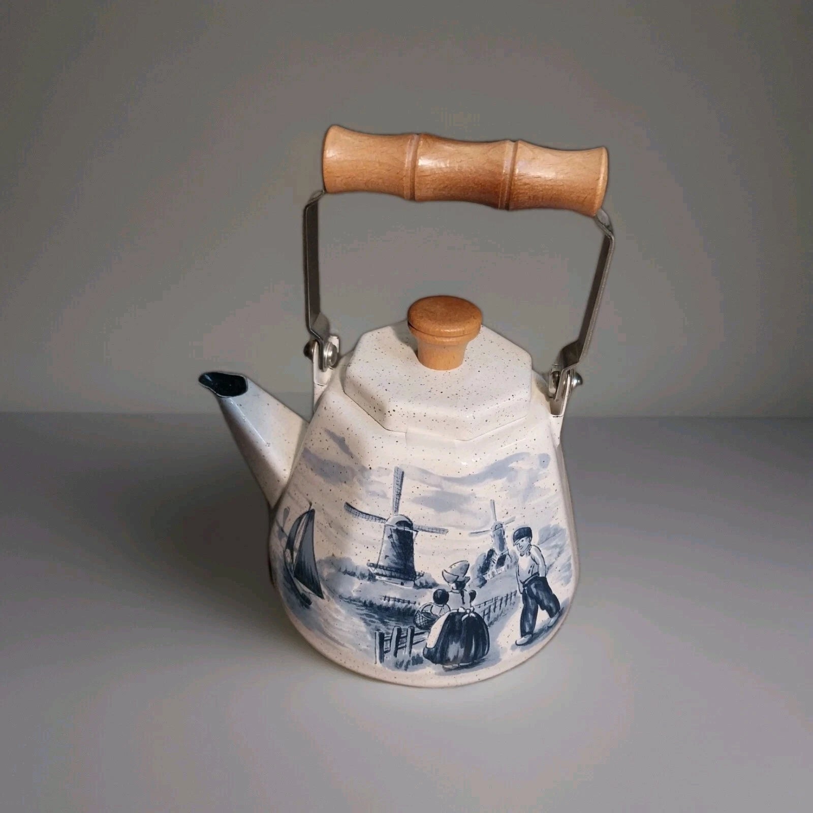 Vintage Enamel Teapot, Blue White Coastal Chinoiserie, Delft Style Wooden Handle