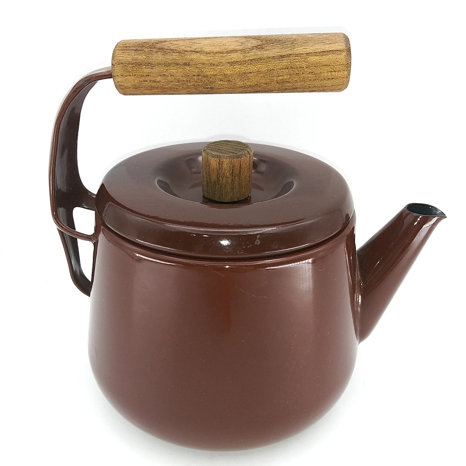Vintage 1960s Brown Enamel Metalware Teapot Wood Handle camping 7"T X 6.5"L