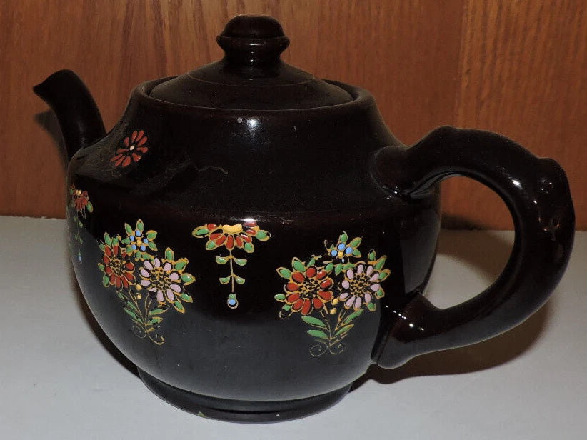 Vintage Large  Moriage Enamel Redware Ceramic Tea Pot- Hand Painted Japan