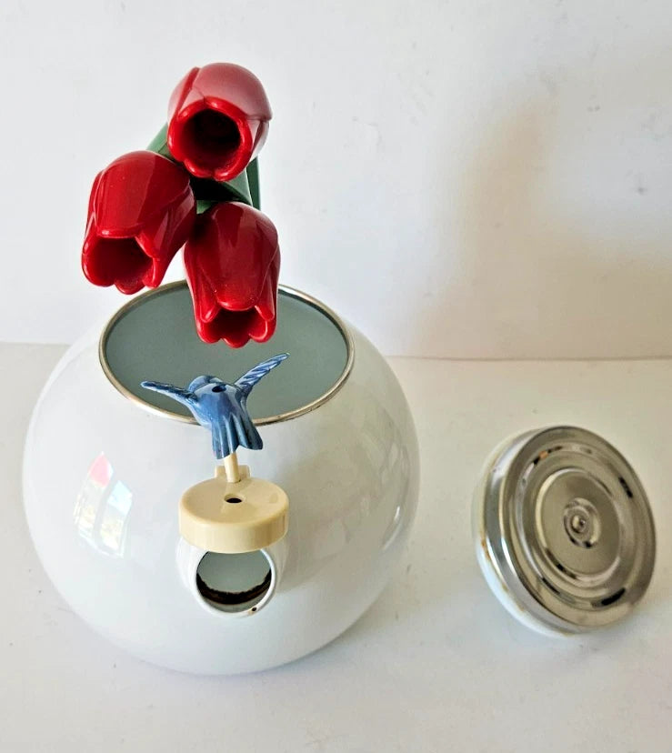 Vintage Ancona Enamel Whistling Tea Pot Kettle Blue Hummingbird Red Tulips LOOK | eBay