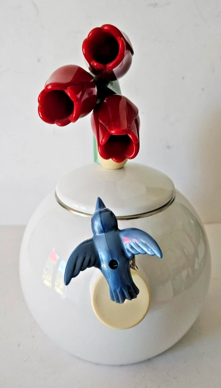 Vintage Ancona Enamel Whistling Tea Pot Kettle Blue Hummingbird Red Tulips LOOK | eBay