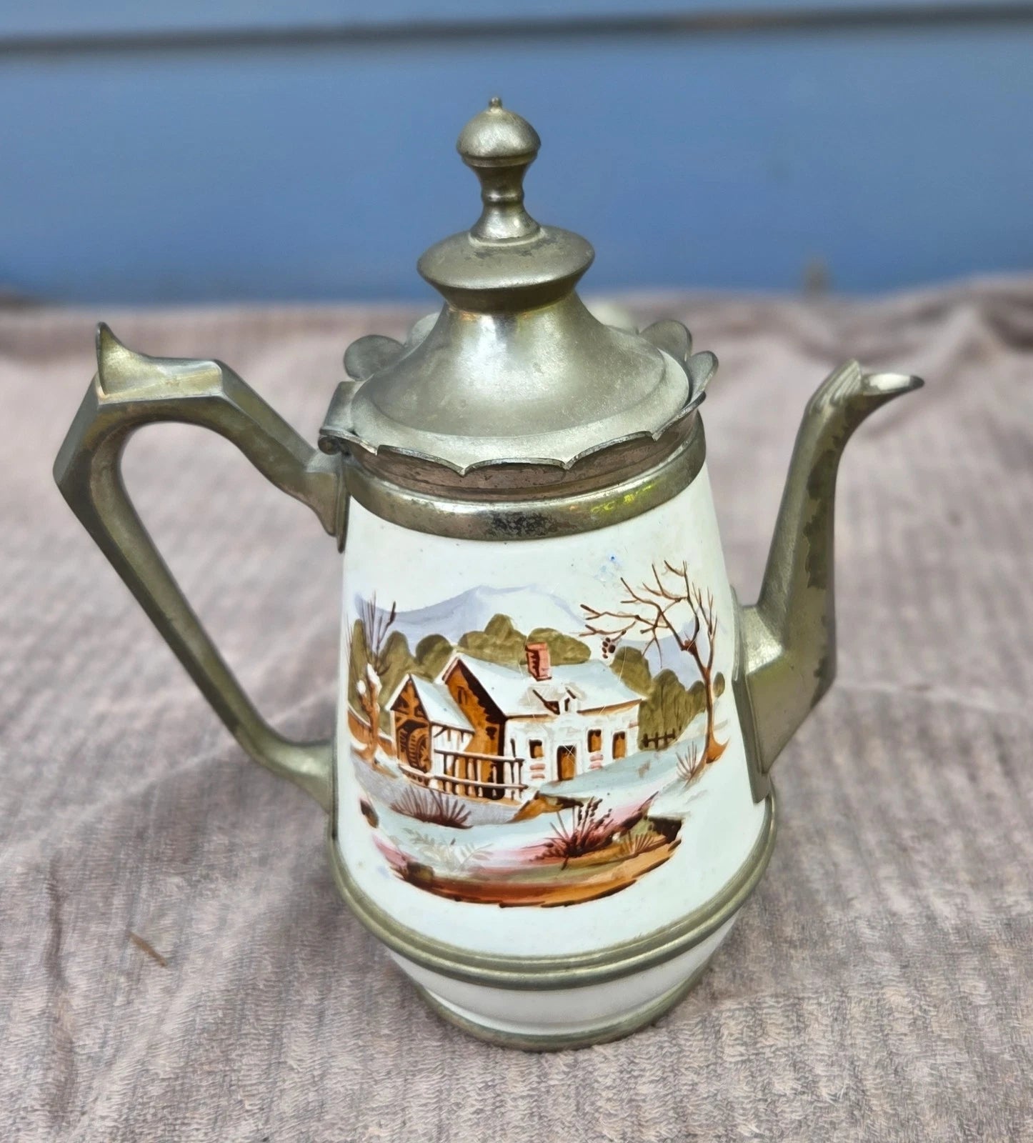 Vintage / Antique Victorian Hand Painted Enamel & Pewter Teapot