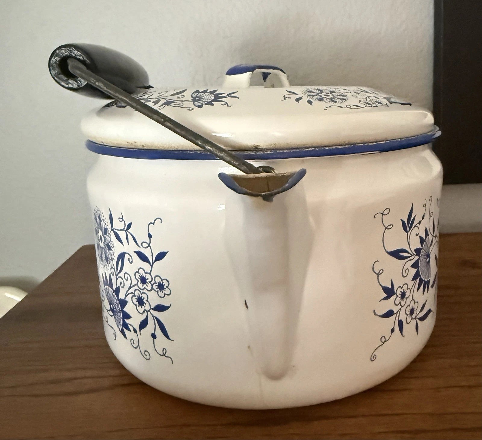 Vintage Blue Onion Danube Style Enamelware Teapot Metal Bail Wood Handle | eBay