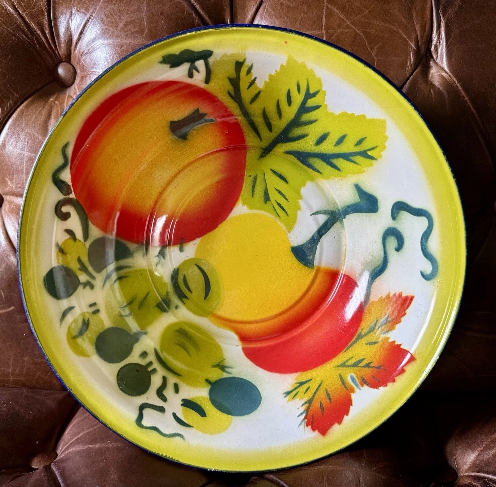 Vintage 1960s Enamelware Graniteware Coffee/Tea Pot 7 1/2" + 12" Bowl FRUIT