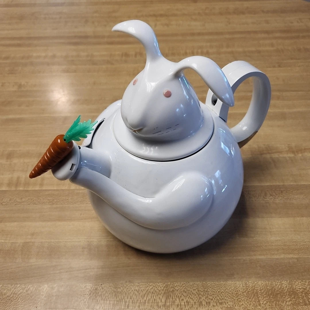 Vintage Copco Enamel Teapot Figural Mr Rabbit Bunny Carrot Whistling Tea Kettle