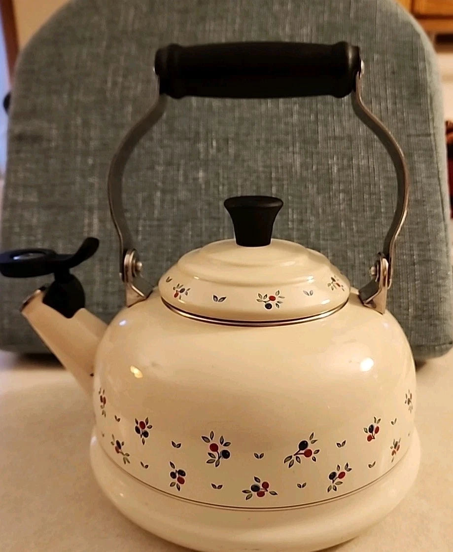 Vintage LeCreuset Enamel Floral Tea Kettle with Whistling Spout