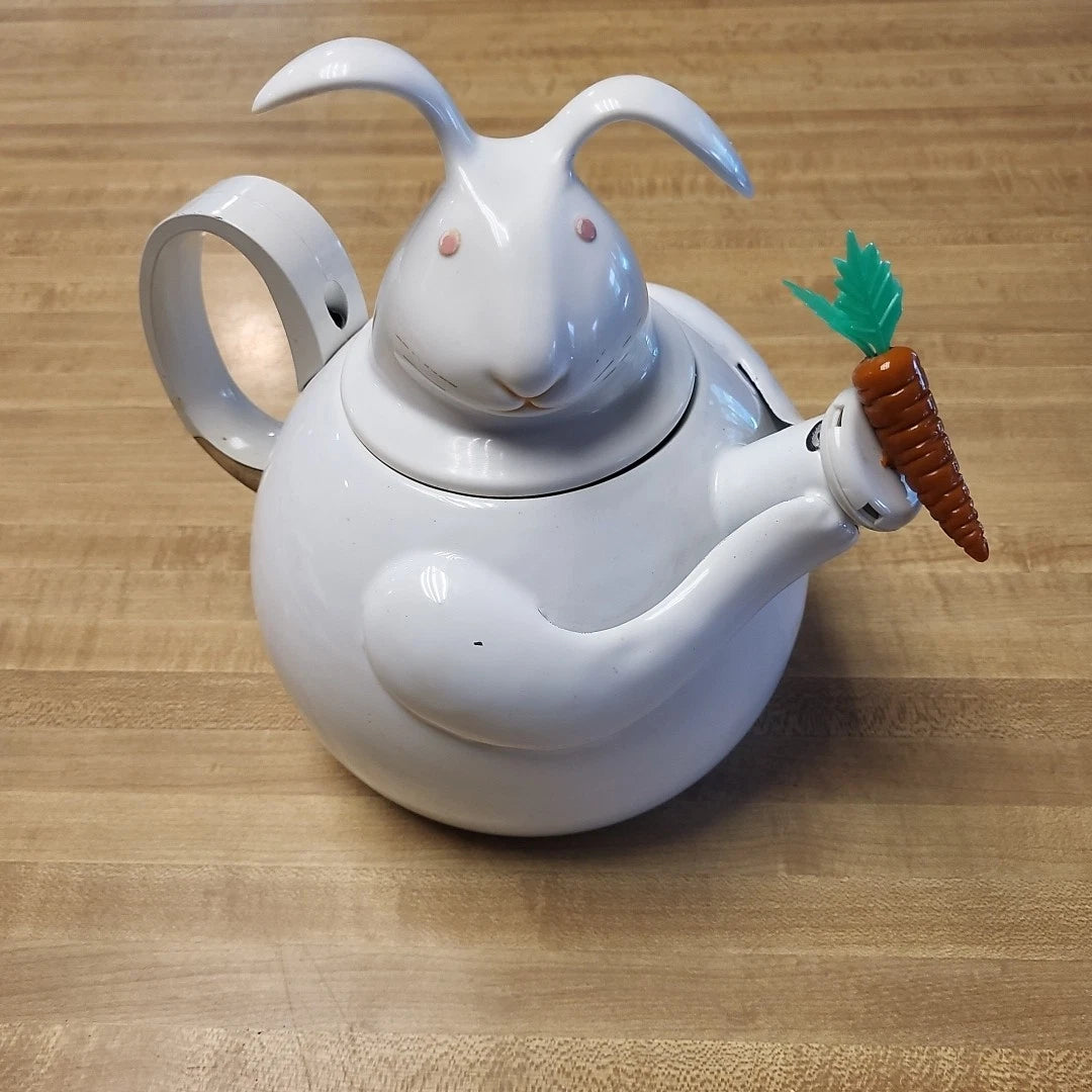 Vintage Copco Enamel Teapot Figural Mr Rabbit Bunny Carrot Whistling Tea Kettle