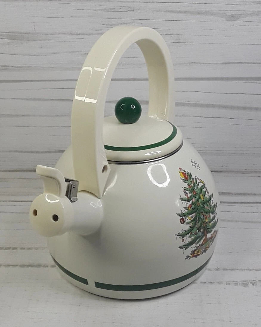 Spode Christmas Tree Whistling Tea Kettle Pot Porcelain Enamel on Steel