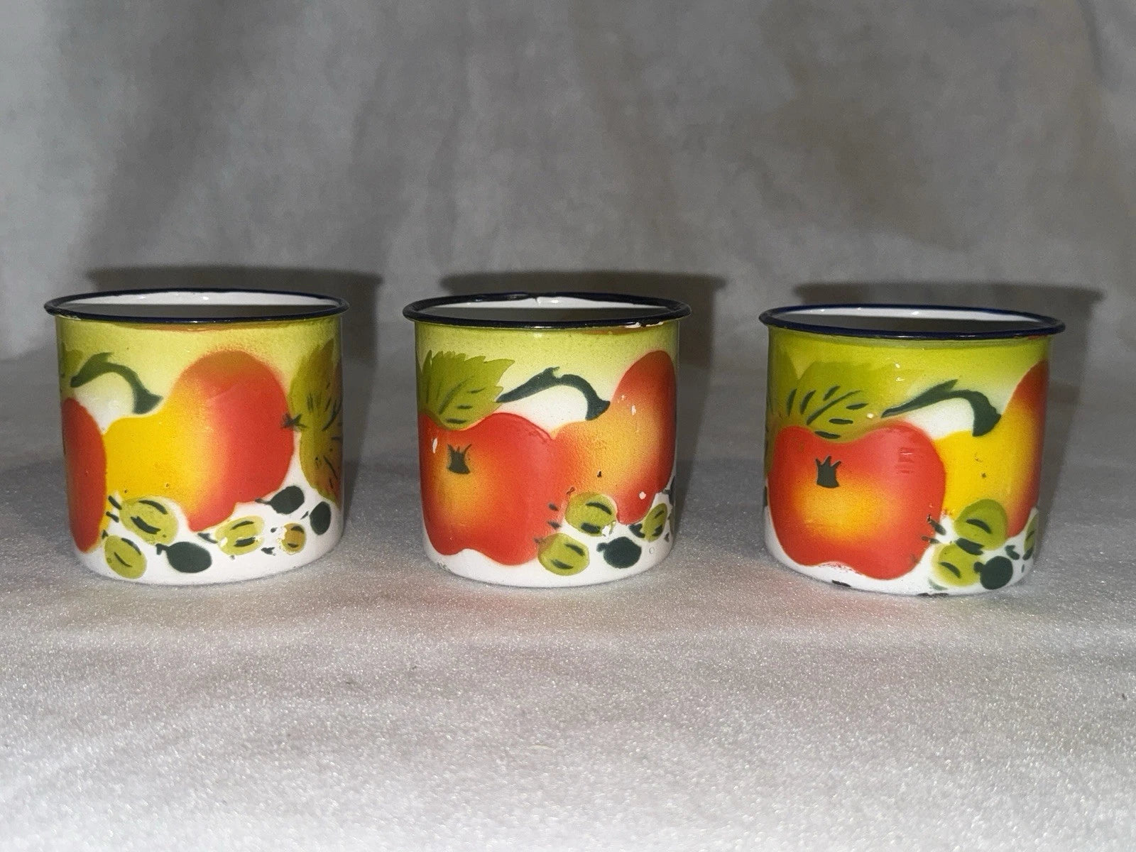 Vintage Enamel Ware Harvest Fruit Design Teapot and 6 Cups