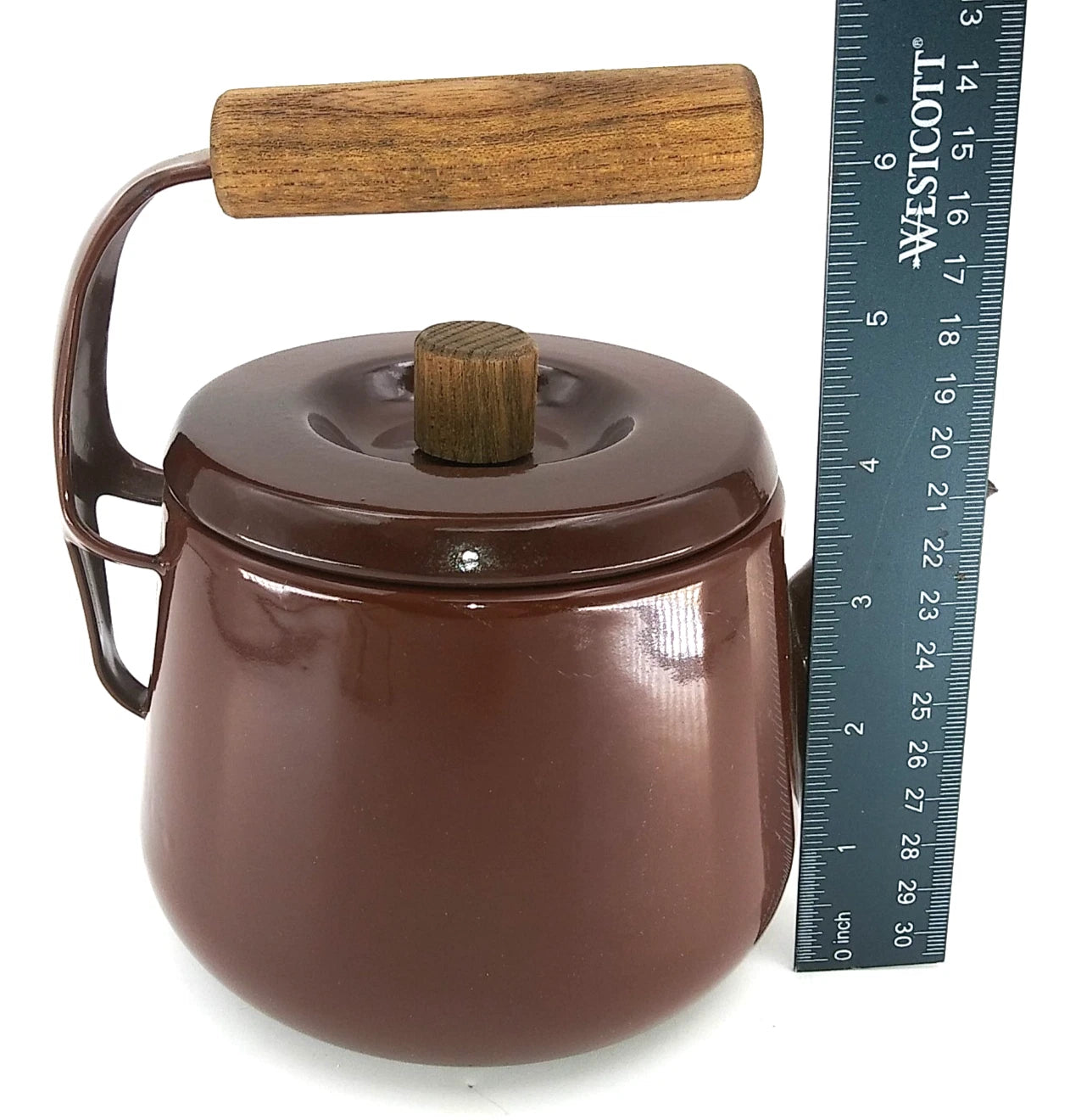 Vintage 1960s Brown Enamel Metalware Teapot Wood Handle camping 7"T X 6.5"L