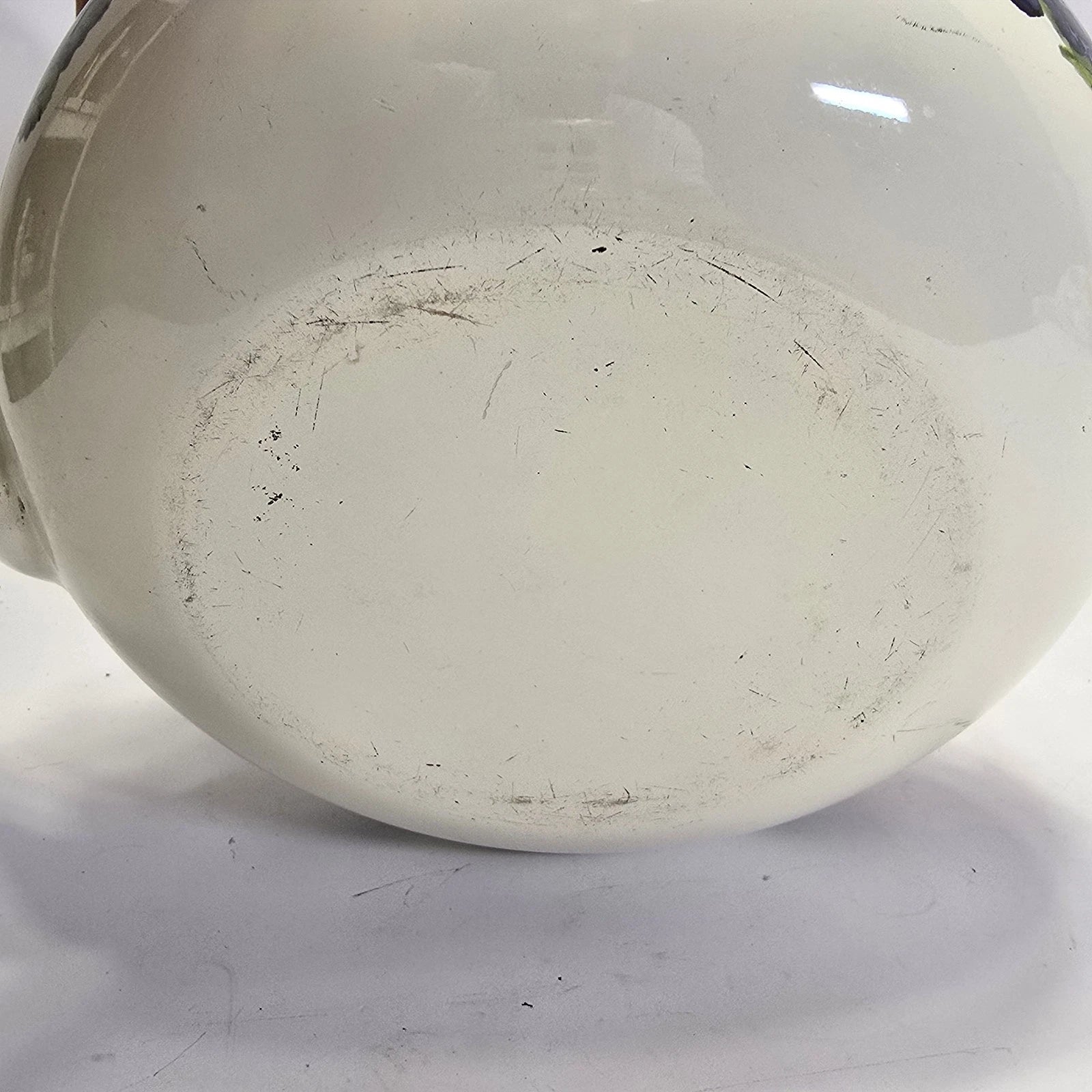 Vintage Enamel Teapot White with Fruit Design Brass Handle Farmhouse Kitchen.