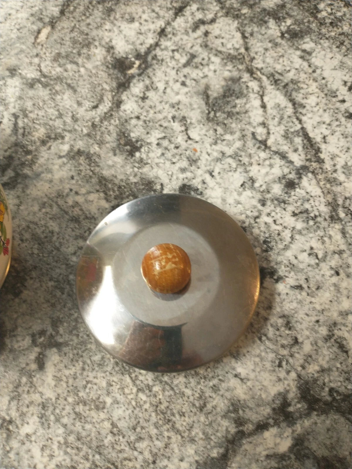 Vintage Enamel Fruit Detail Tea Pot With Wood Handle.