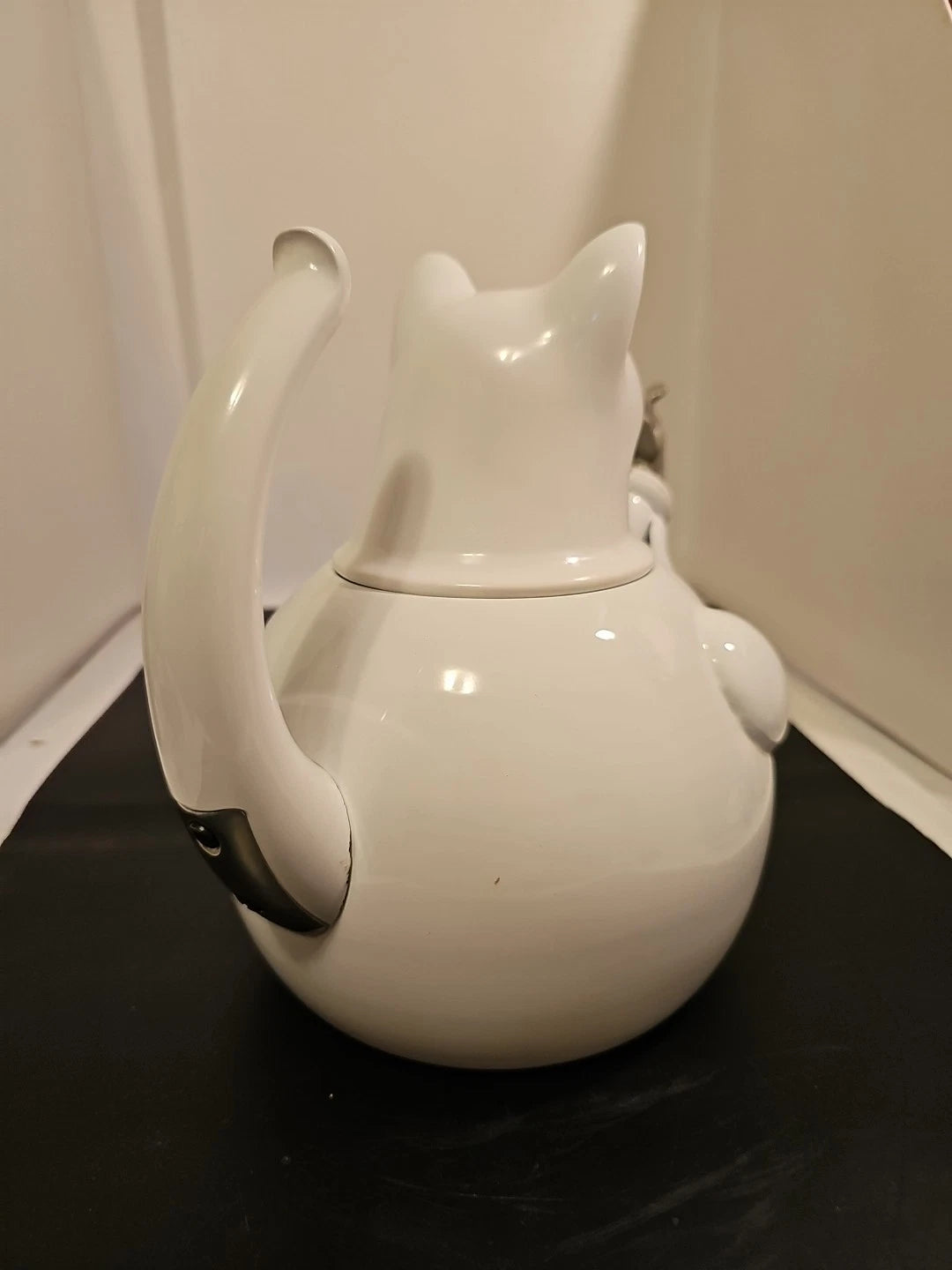 Vintage  Copco White Cat & Gray Mouse Enamelware 2 ½ QT Tea Kettle