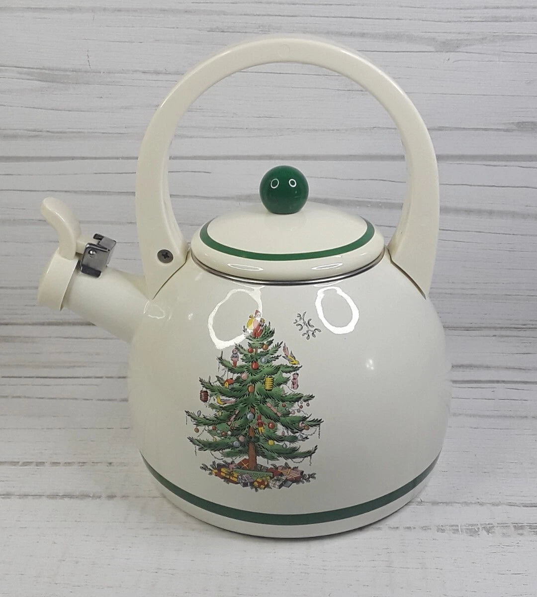 Spode Christmas Tree Whistling Tea Kettle Pot Porcelain Enamel on Steel