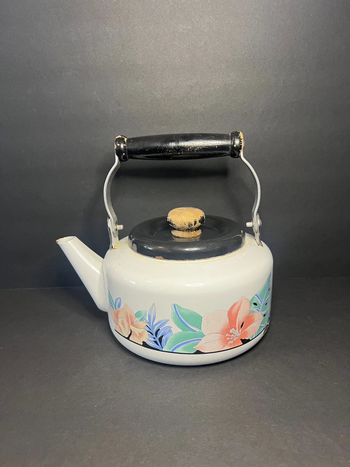 Vintage 1980s NOS Enamel White Floral Print Teapot Kettle with Wooden Handle | eBay