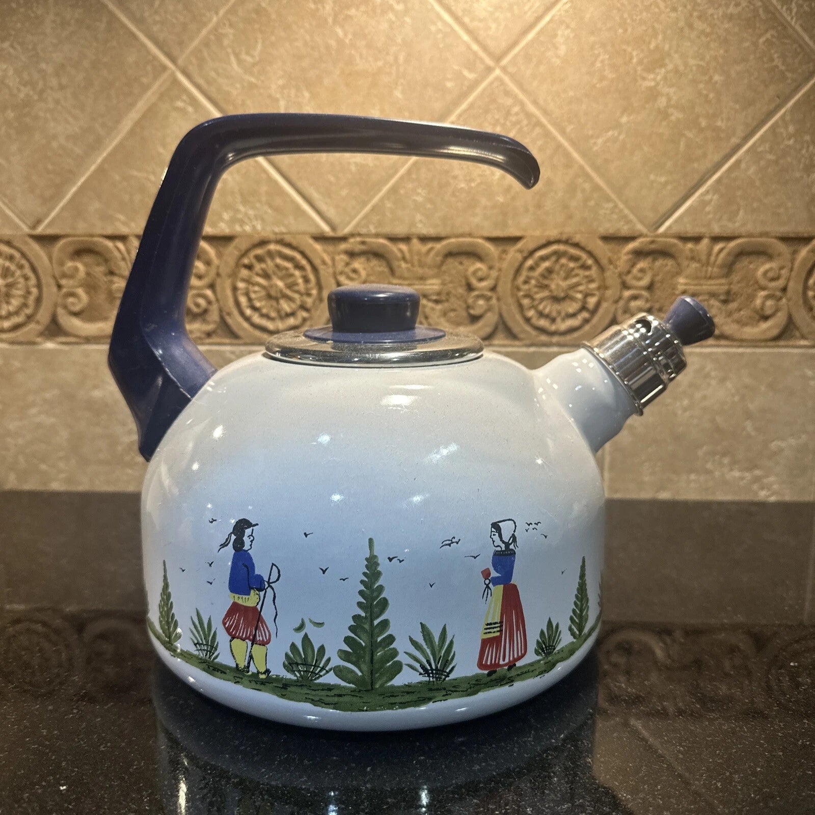 Vintage HB Quimper Enamel Tea Kettle White Excellent condition