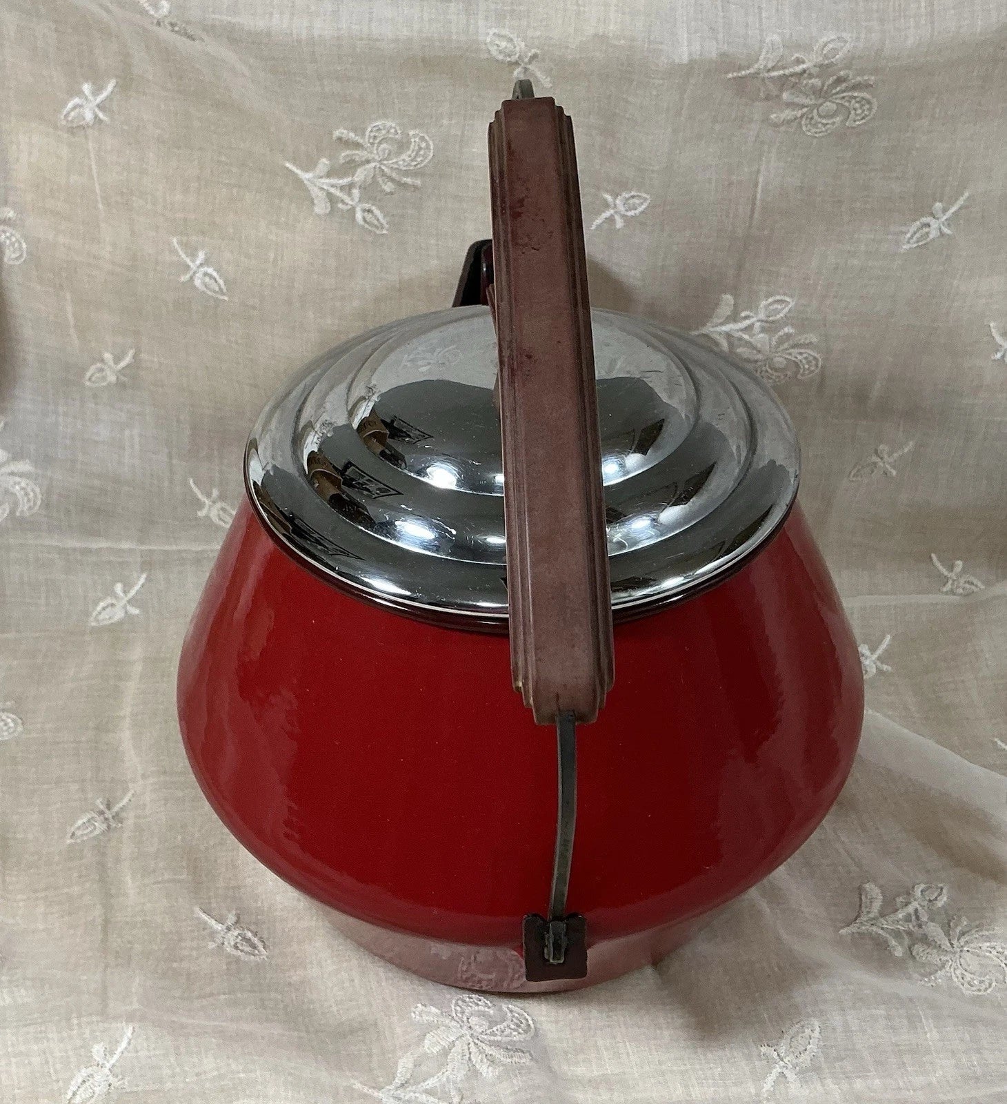 Sassy RED GRANITEWARE Enamelware TEAPOT Kettle Art Deco Style Shiny Vintage