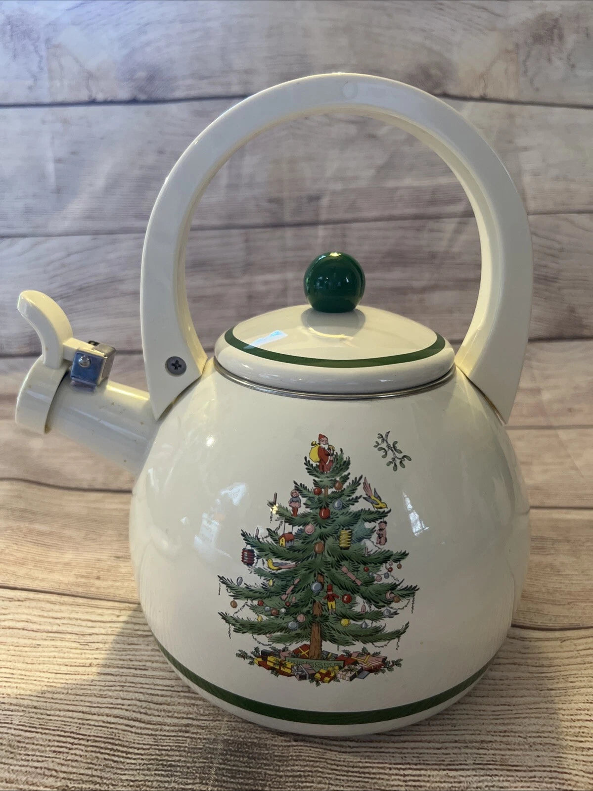 Spode Christmas Tree Whistling Tea Kettle Pot Porcelain Enamel on Steel 2.2 Qt