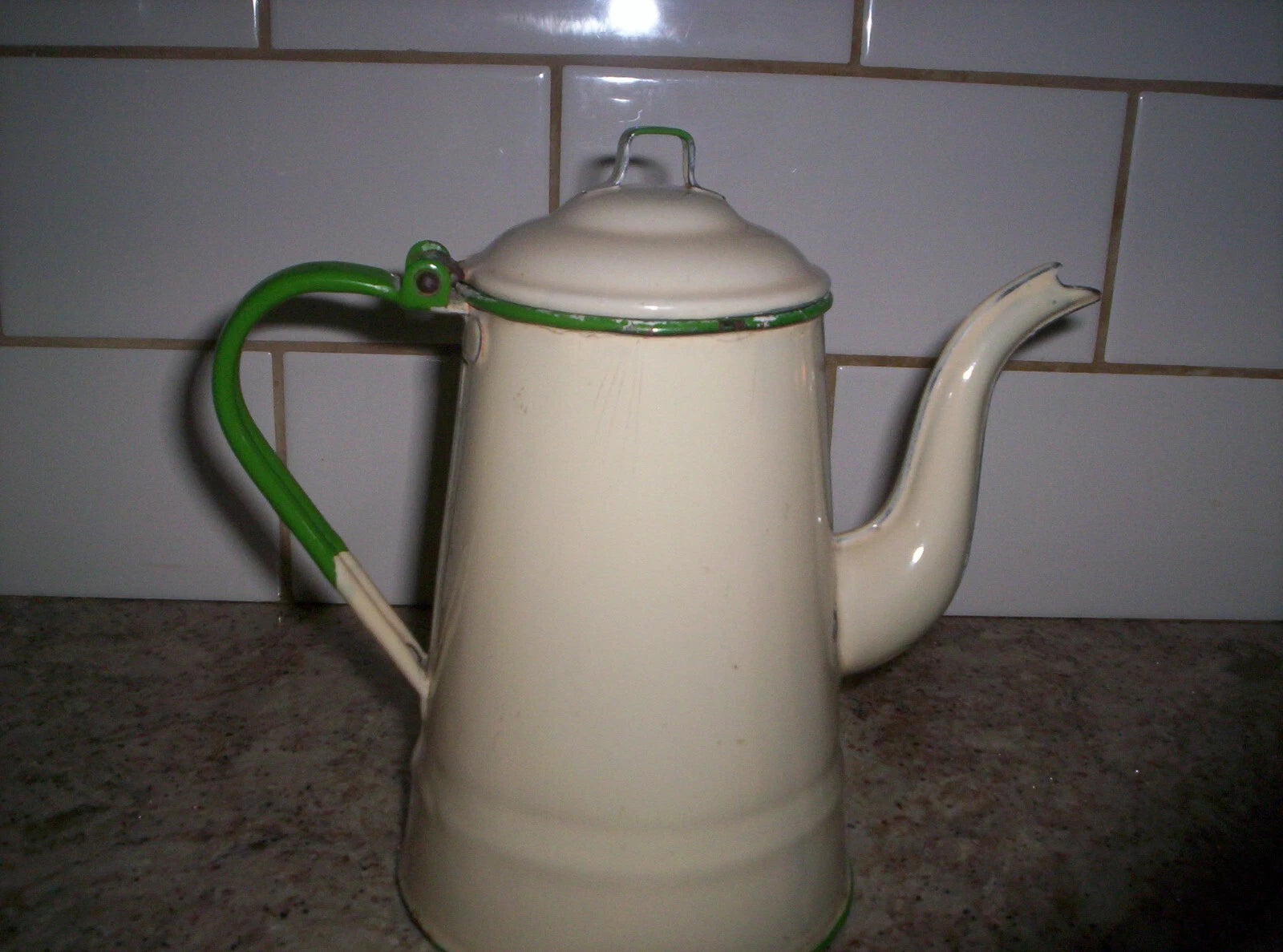 Vintage Enamelware Coffee pot/Teapot Cream/Green 9''