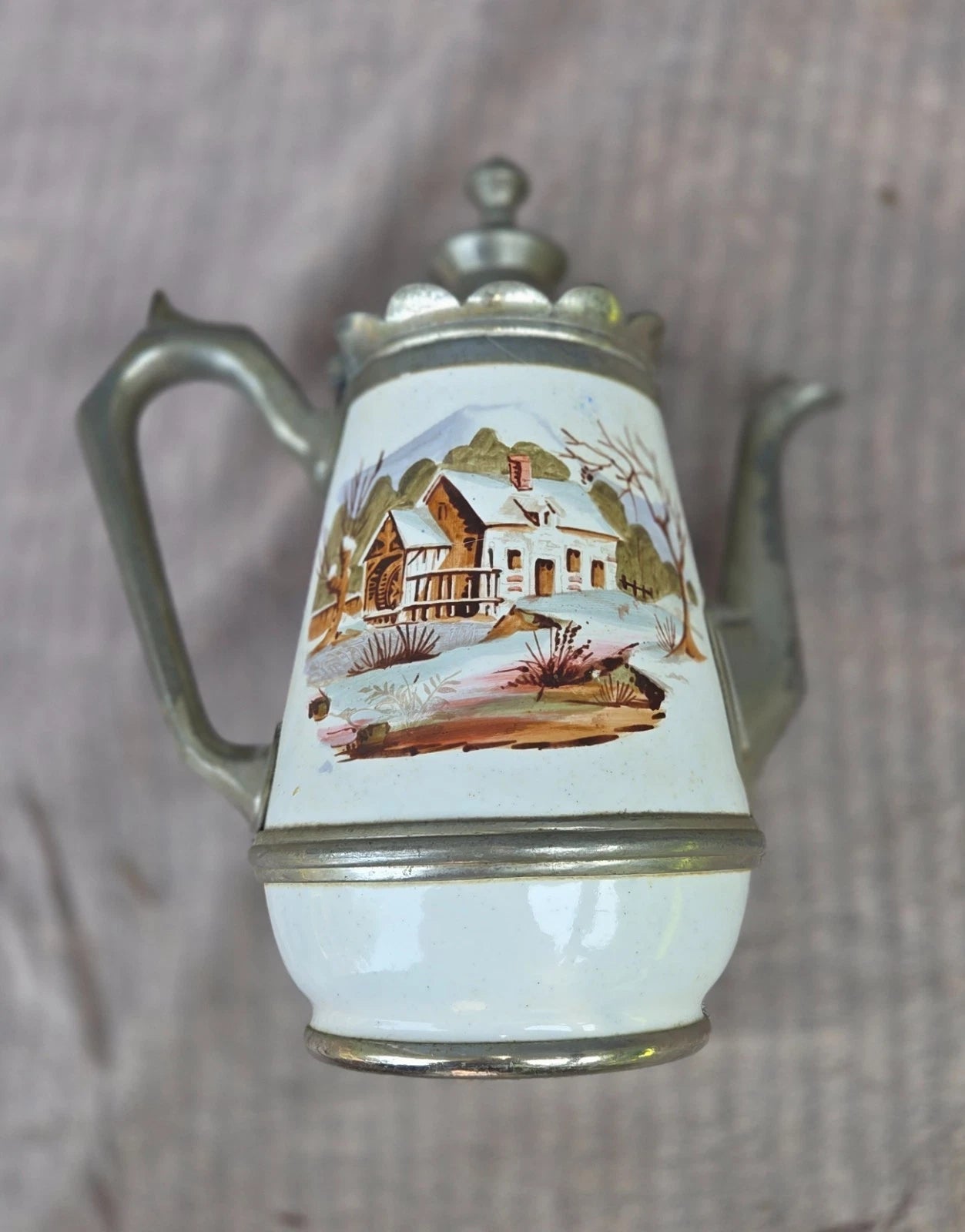 Vintage / Antique Victorian Hand Painted Enamel & Pewter Teapot