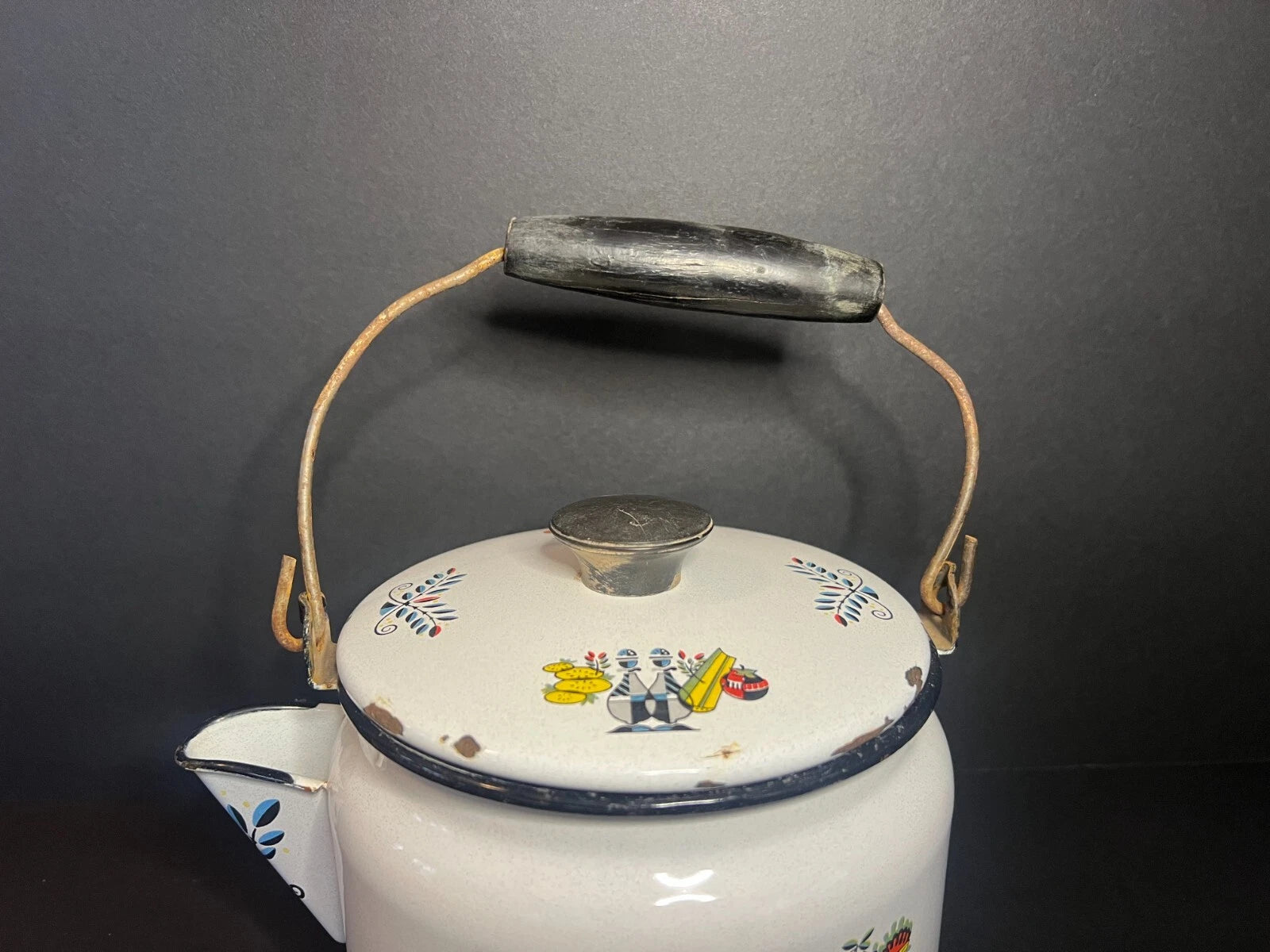 Vintage MCM 1950s Rare Thanksgiving Themed White Enamel Tea Kettle Pot w/ Handle | eBay