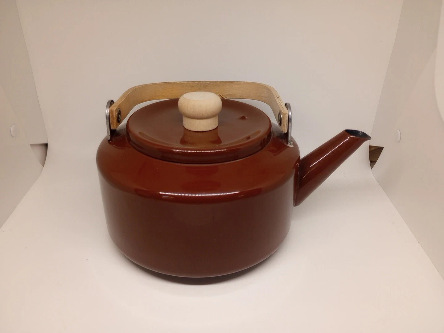 Vintage Brown Tea Pot Kettle Enamel Ware Metal Wood Handle