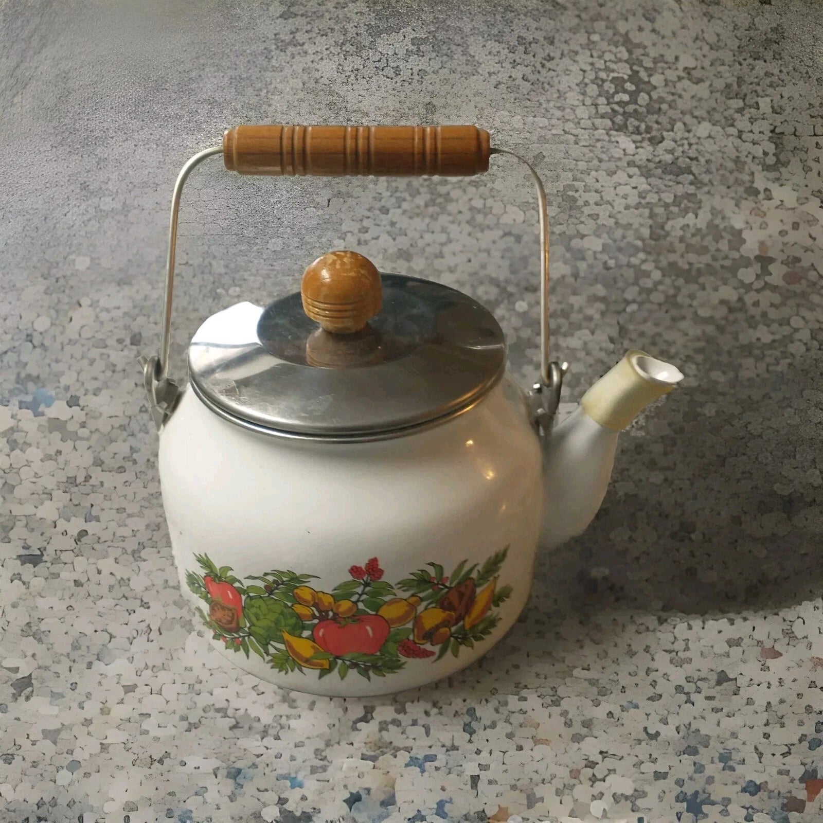 Vintage Enamel Fruit Detail Tea Pot With Wood Handle.